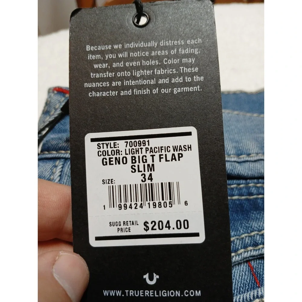 True Religion Geno Big T Flap Jeans Mens 34x32 NWT Light Pacific Wash Slim